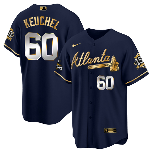 Men's Atlanta Braves #60 Dallas Keuchel 2021 Navy/Gold World Series Champions With 150th Anniversary Patch Cool Base Stitched Jersey